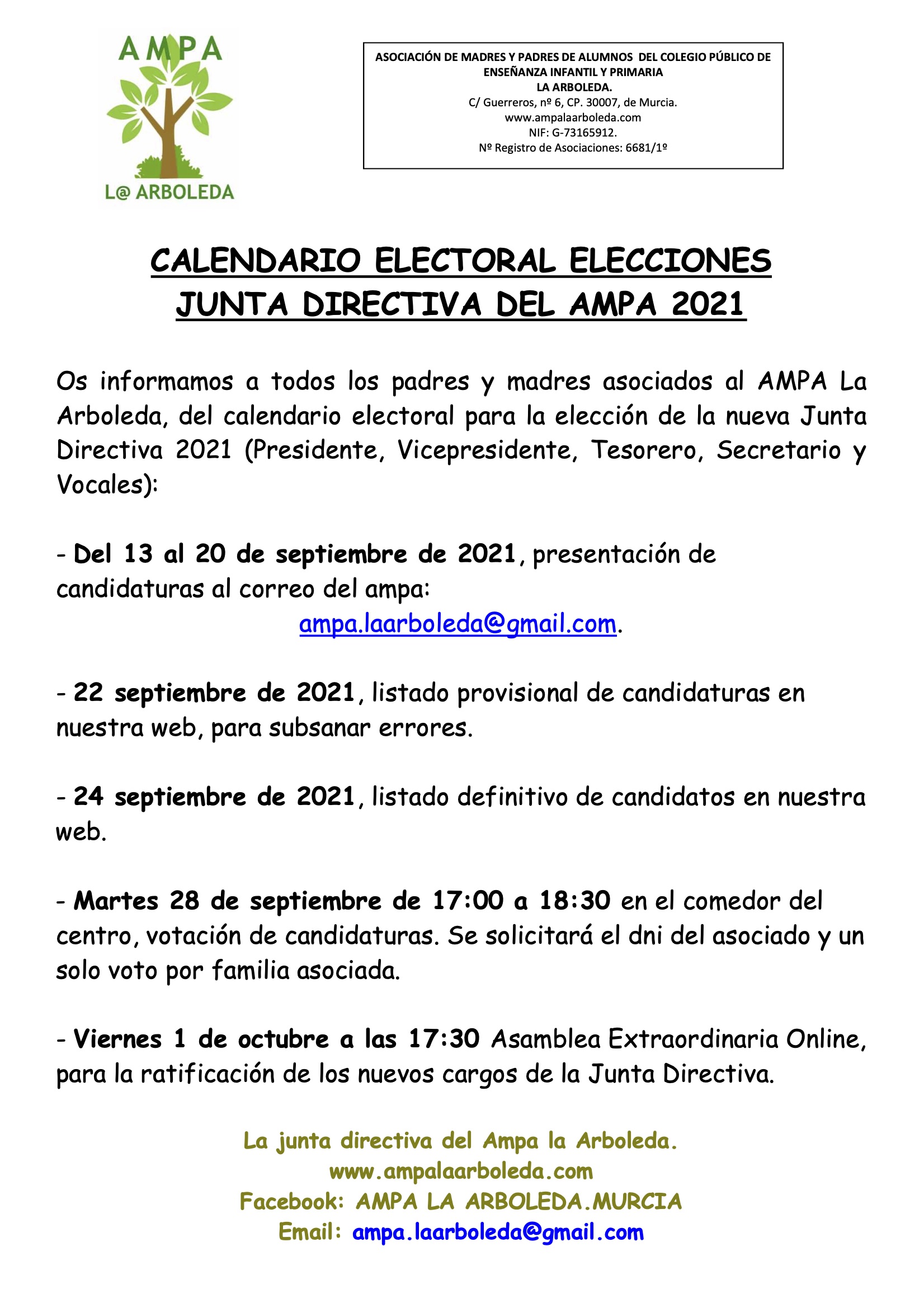Calendario Elecciones Ampa 2021